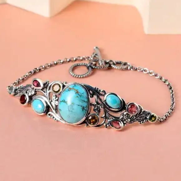 Genuine Bali Turquoise & Tourmaline Bracelet Platinum over 925 - Picture 6 of 6